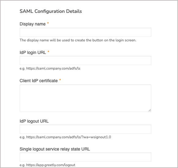 02 SAML Configuration Details Fields