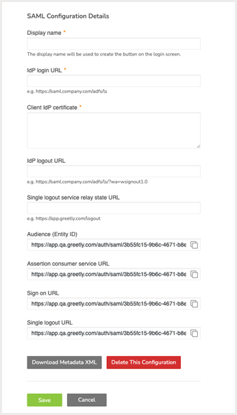 Greetly Admin Portal - SAML configuration details - Dec 2024