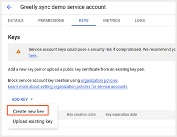 VM - Google Directory - Service Account - Add new key - April 2025