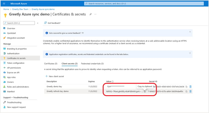 VM - Integrations - Azure - Greetly Azure sync - Certs & secrets screen - Key value - Oct 2024-1