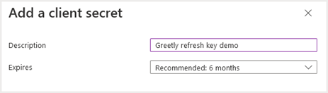 VM - Integrations - Azure - Greetly Azure sync - Certs & secrets screen - New secret - Oct 2024