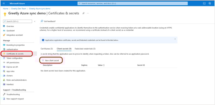 VM - Integrations - Azure - Greetly Azure sync - Certs & secrets screen - Sep 2024